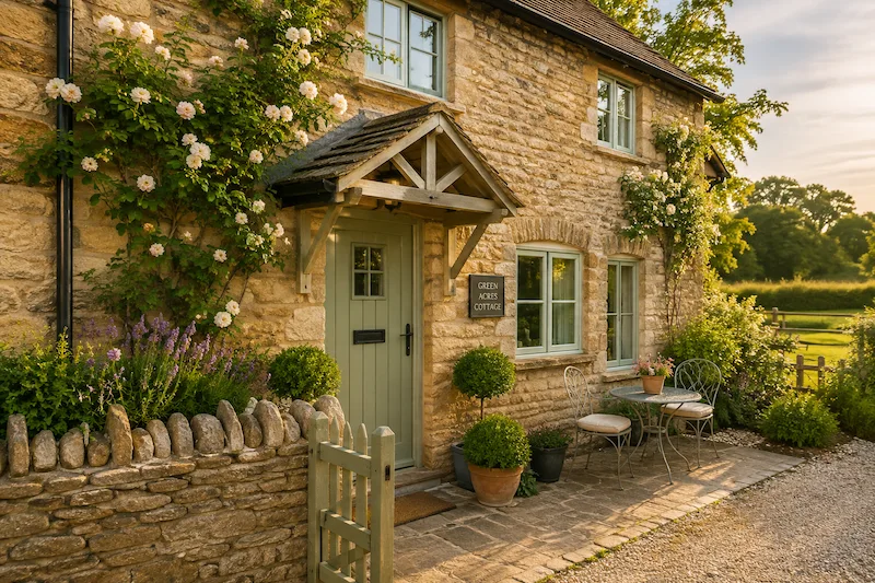 A beautifully presented rural holiday cottage exterior with a warm, welcoming feel - search terms: "holiday cottage UK exterior stone