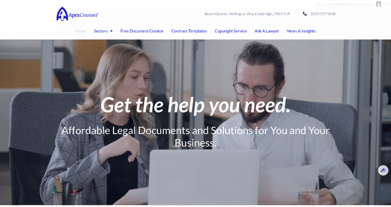 Apex Counsel legal advice website hero section